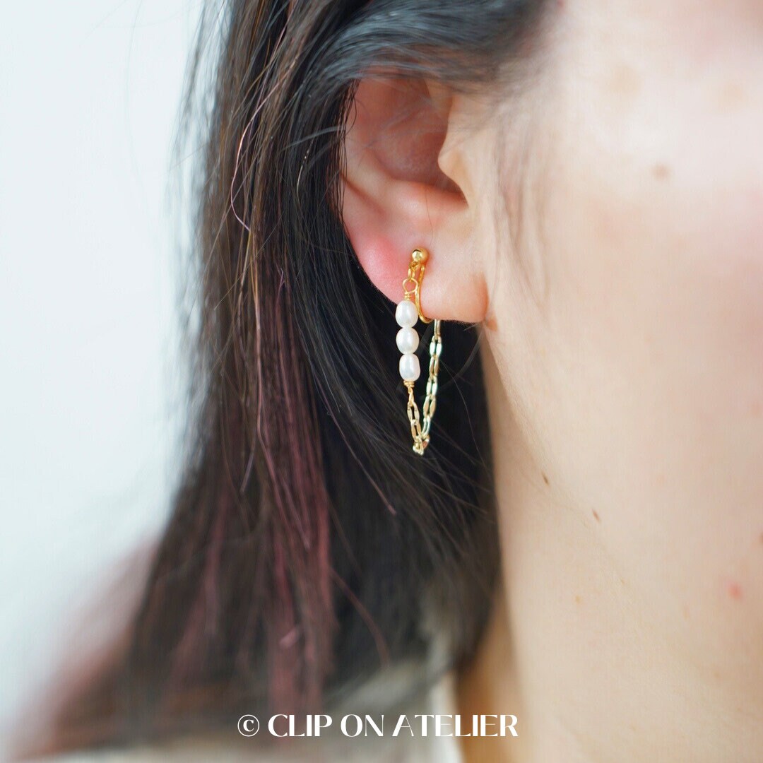 Minimalist Pearl Clip On Earrings, Ear Threader Style