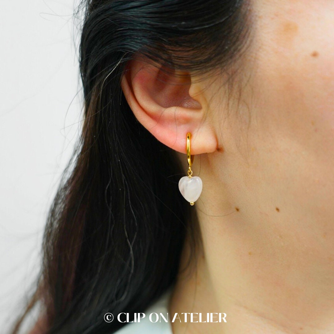 Clip On Earrings Minimalist Gold Hoop Pink Gemstone Heart