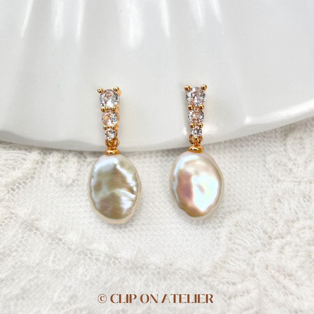 Clip On Earrings Pearl Natural Baroque Gold Plated CZ Diamond Ear Clips | Pain Free Coil | Non Pierced Ears | Bridal Wedding Jewelry Gift