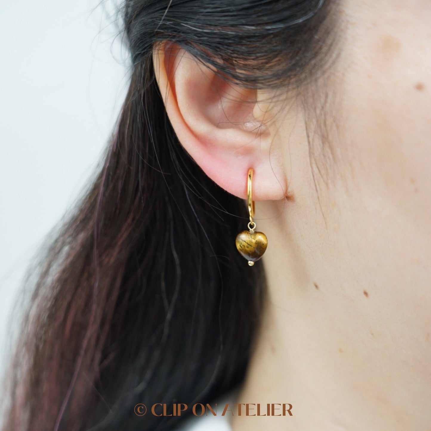 Tigers Eye Heart Gold Hoop Clip On Earring