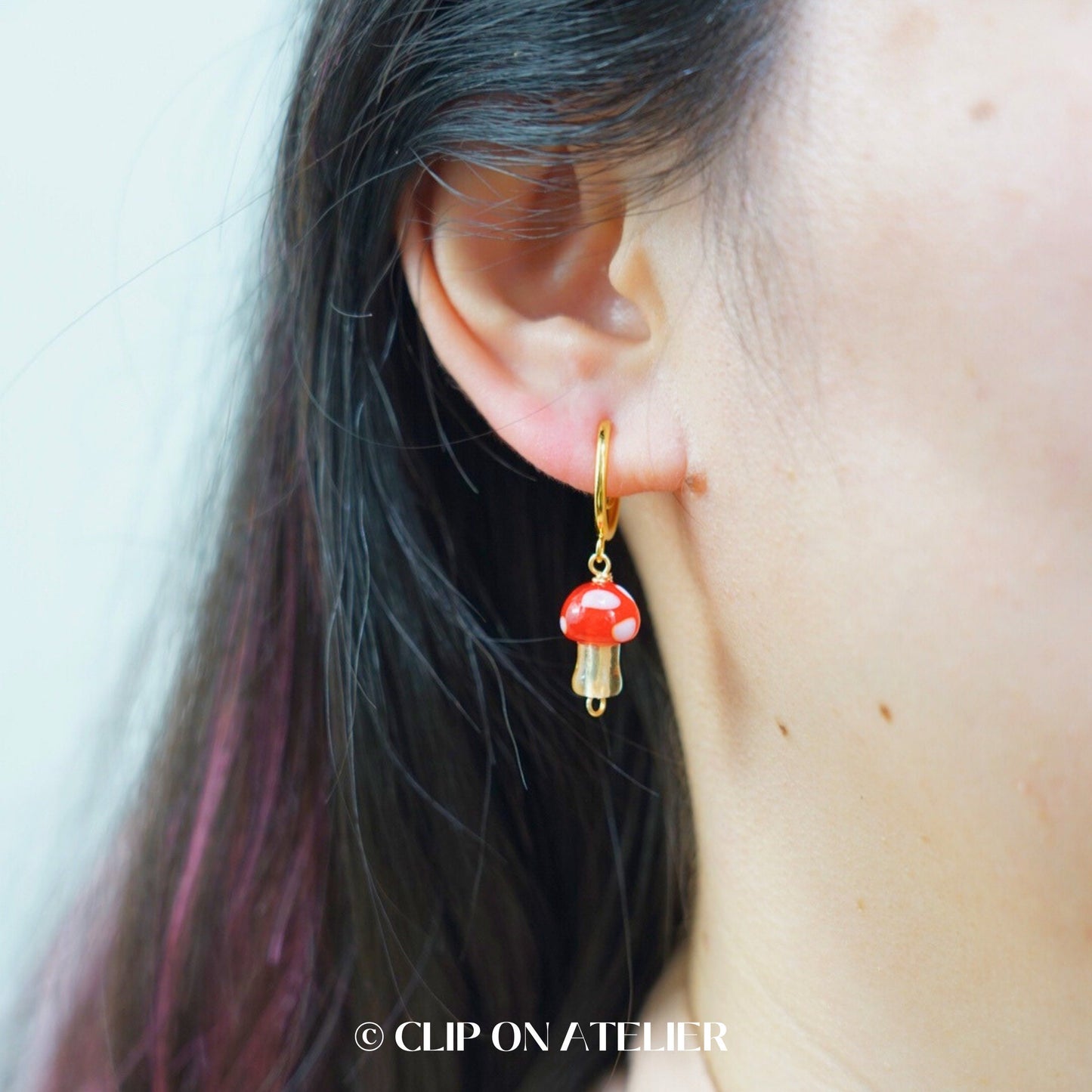 Clip On Earrings Mushroom Minimalist Gold Hoop Pink Red Cute | Boho Dangle Drop Ear Clips | No Pierced Ears | Fun Halloween kid Jewelry Gift