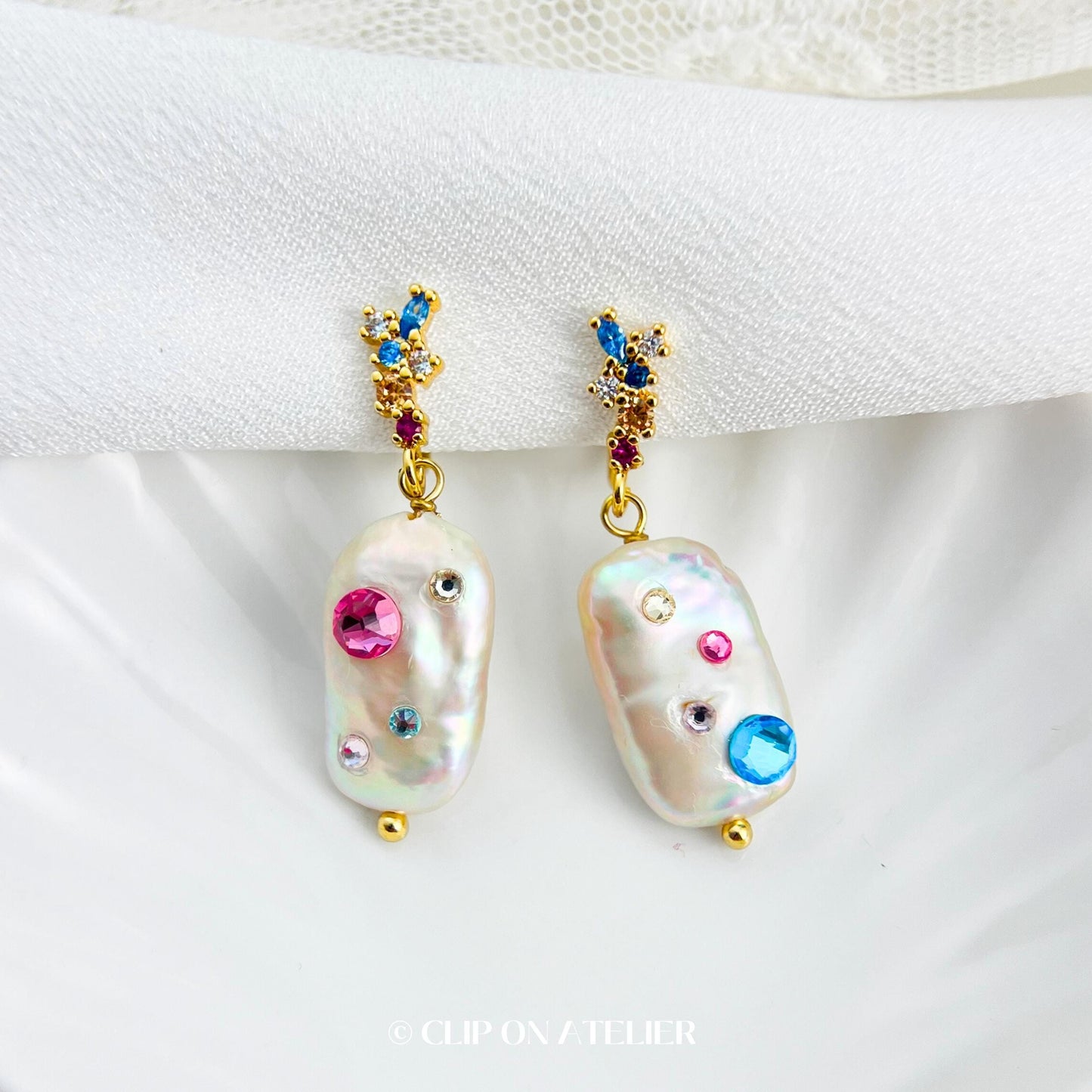 Clip On Earrings Natural Baroque Pearl Inlaid Color CZ Diamond