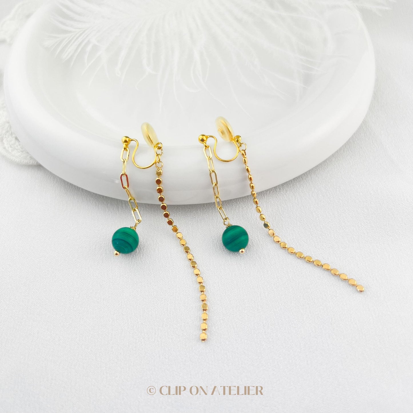 Boho Malachite Dangle Clip on Earrings