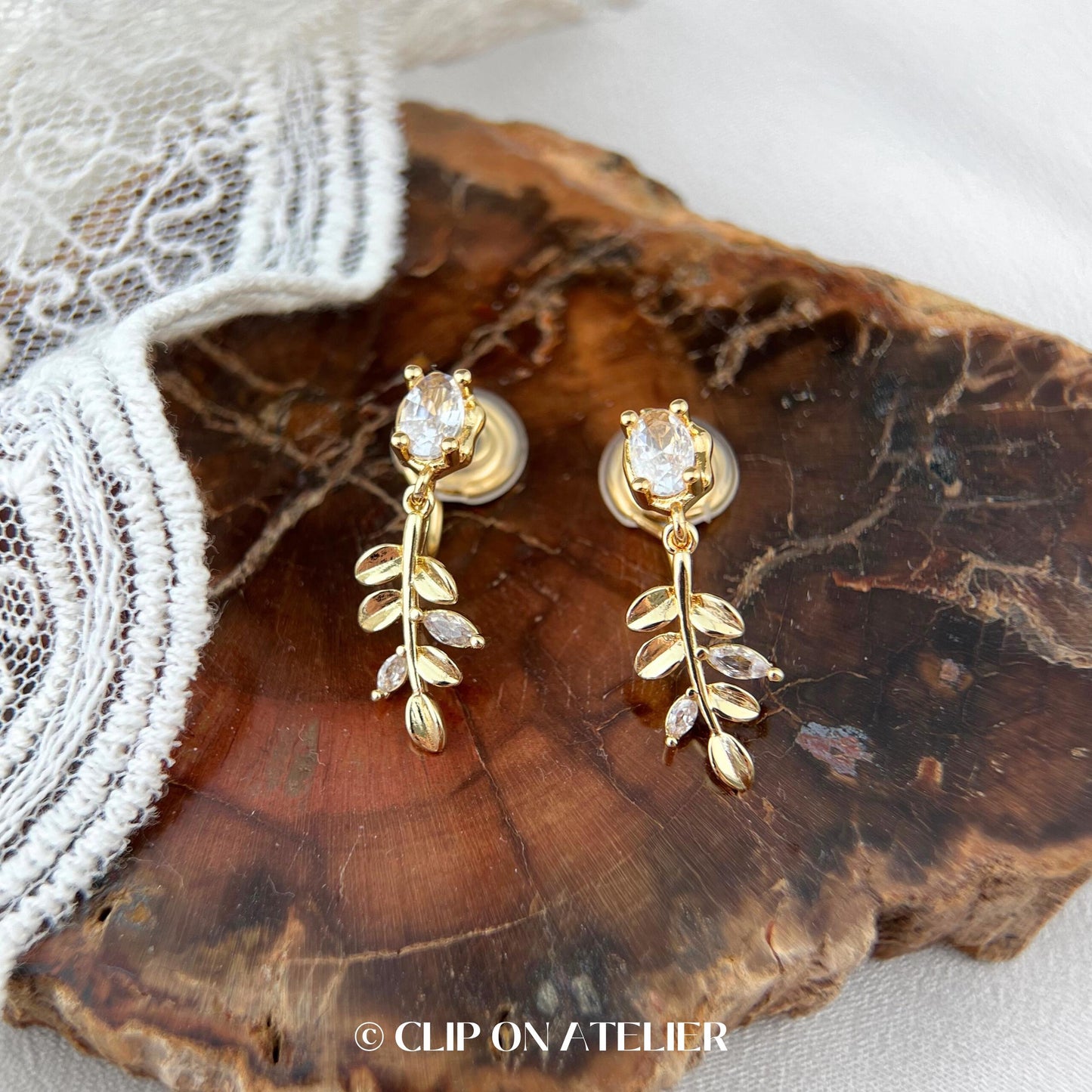 Clip On Earrings Gold Minimalist Boho Leaf Branch CZ Diamond Dainty Drop Dangle Ear Clips | Non Pierced Ears | Pain Free Coil | Jewelry Gift