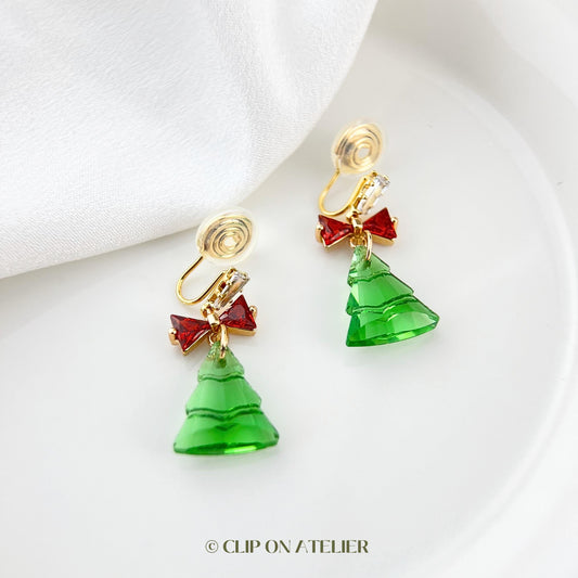 Sparkly Crystal Christmas Tree Clip On Earrings