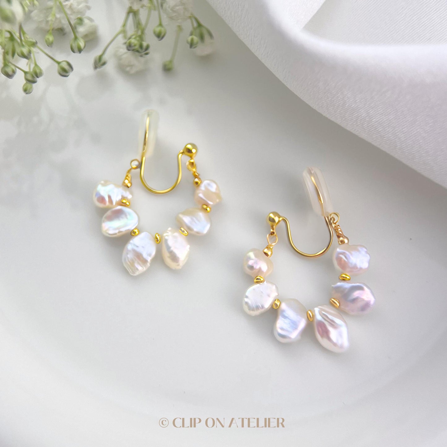 Natural Baroque Pearl Gold Hoop Clip On Earrings