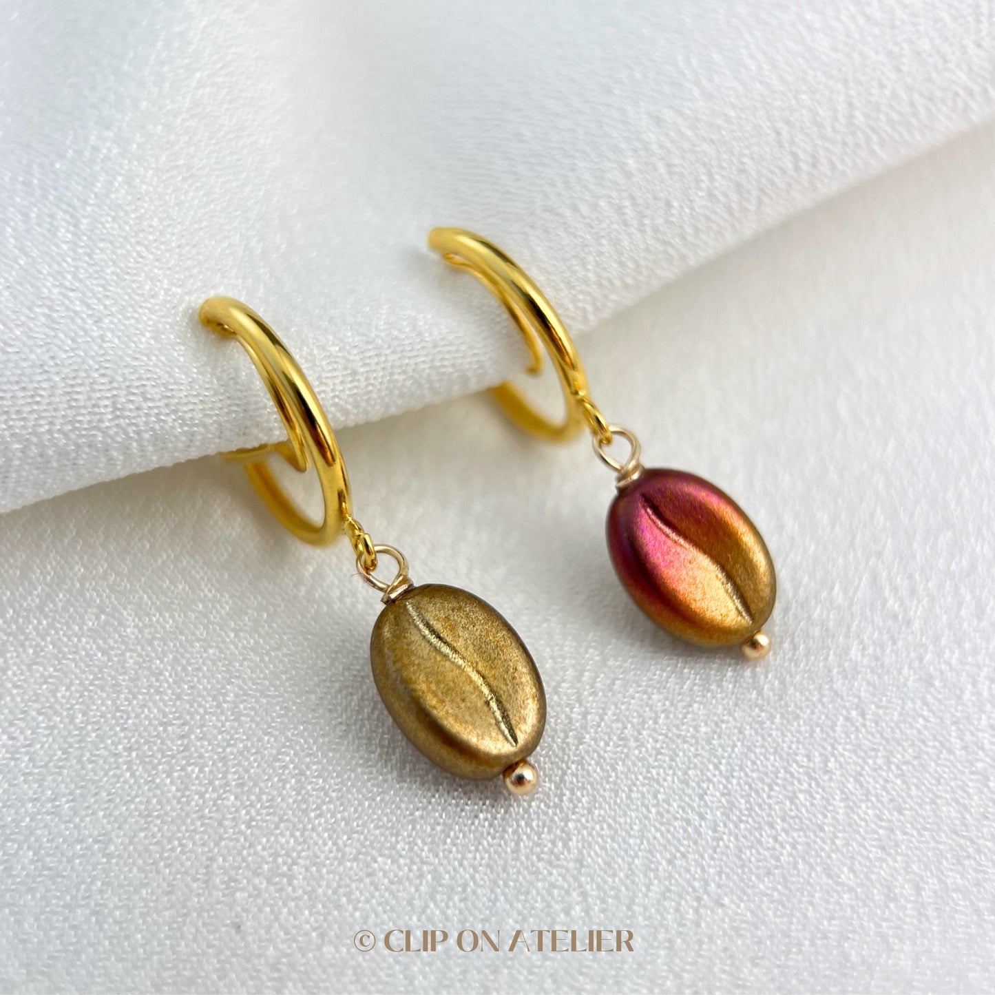 Clip On Earrings Coffee Bean Cute Huggies Ear Clips Gold Hoops, Pain Free Clip Coil, Non Pierced Ears, Funny Christmas Jewelry Gift Kid Her