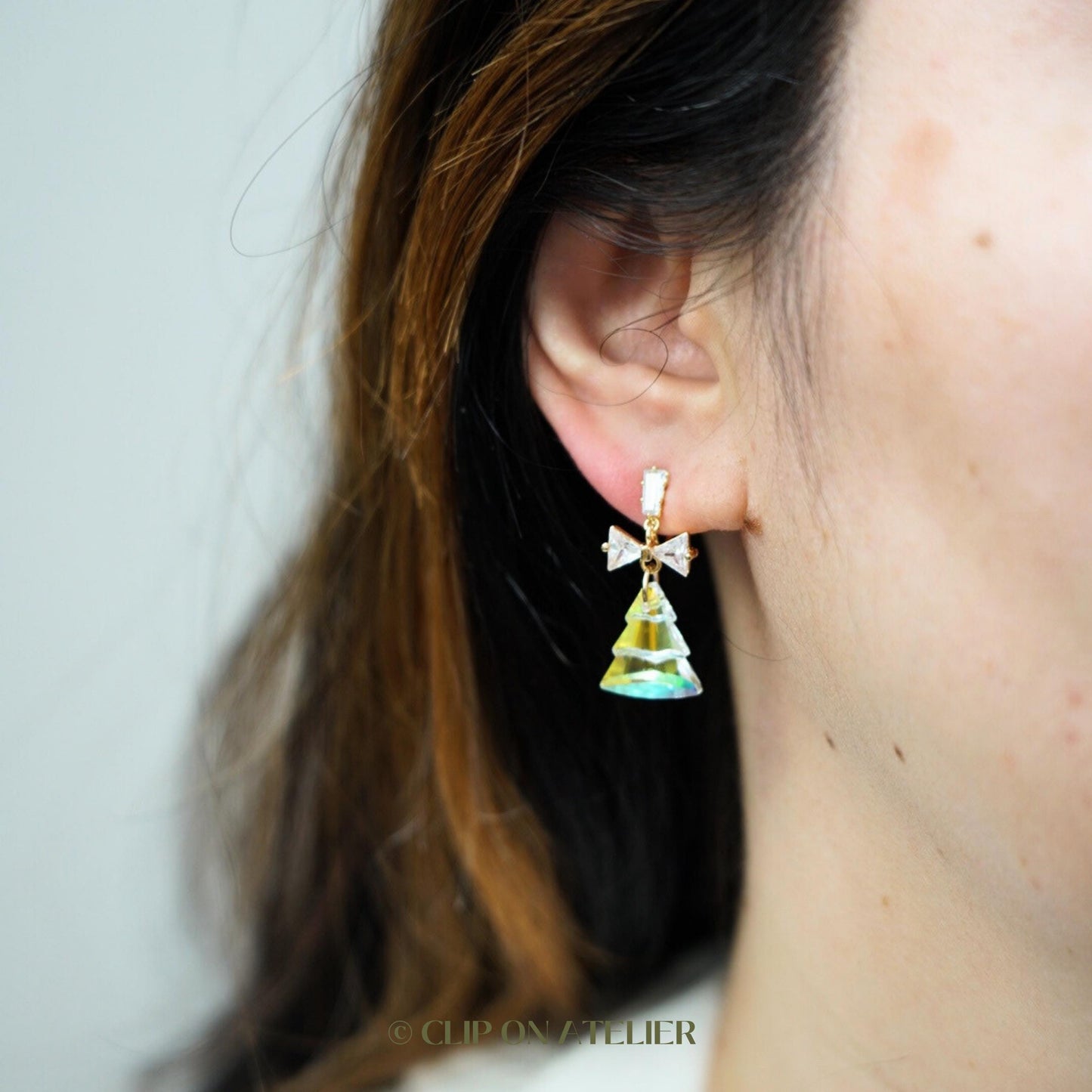 Sparkly Crystal Christmas Tree Clip On Earrings