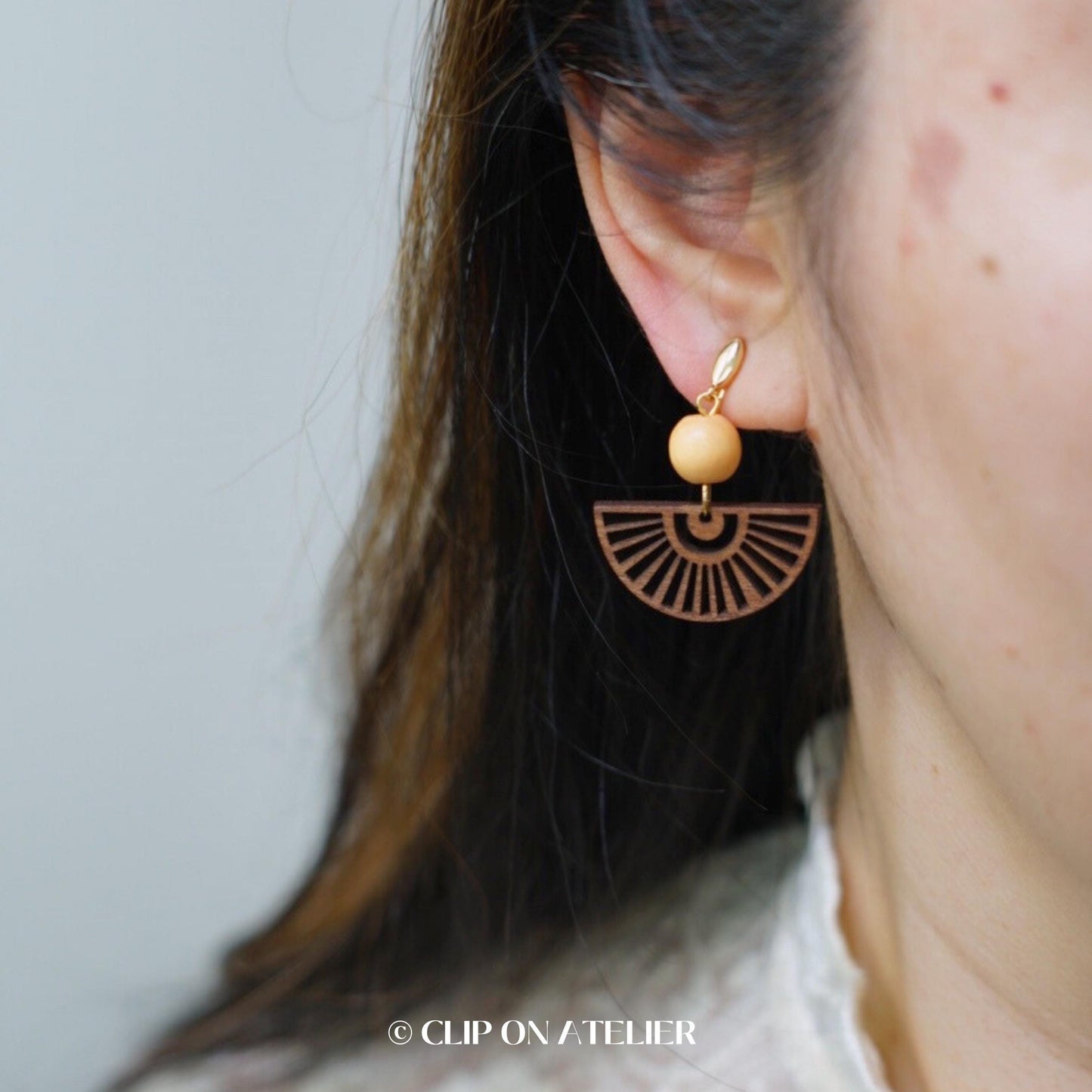 Clip On Earrings Minimalist Gold Wood Fan | Japanese Dangle Drop Boho Elegant Ear Clips | No Pierced Ears | Cute Fairy Jewelry Gift For Her