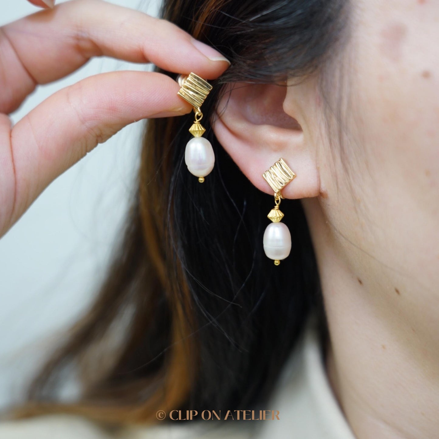 Minimalist Natural Pearl Gold Clip On Earrings