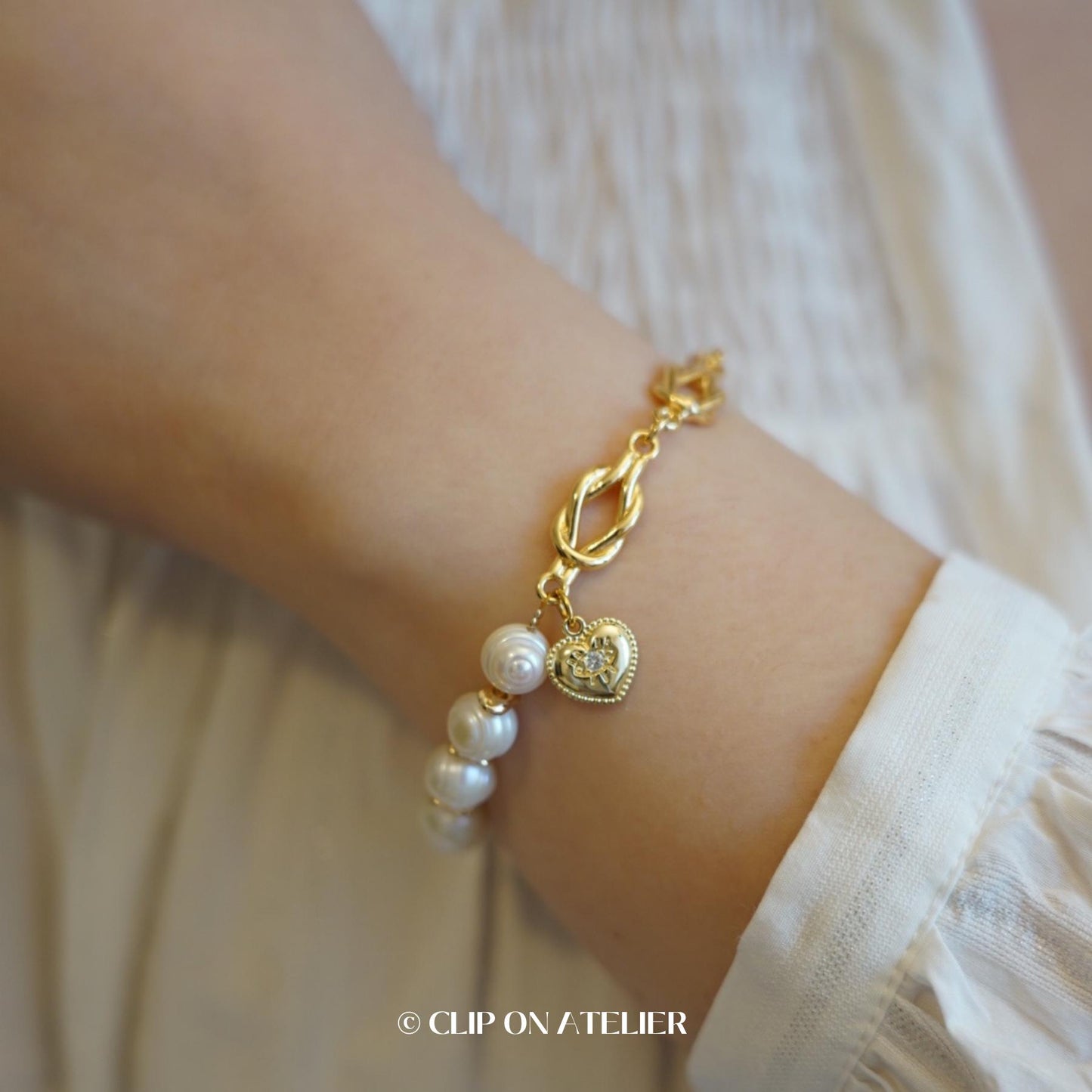 Half Chain Pearl Bracelet: 14K Gold Plated Heart Toggle Clasp, Minimalist Boho