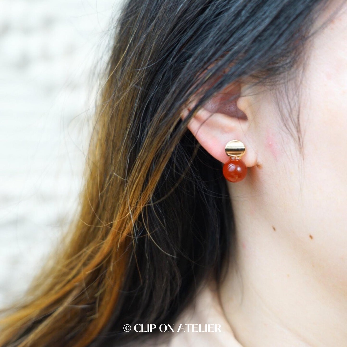 Clip On Earrings Minimalist Gold Green Gemstone Red Agate Amthyst | Dainty Boho Ear Clips No Pierced Ears | Crystal Jewelry Gift for Her Mom