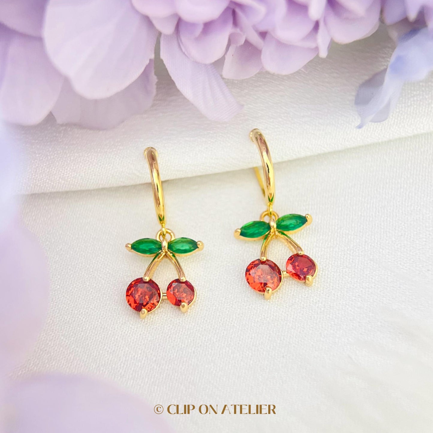 Cherry Gold Hoop Clip On Earrings