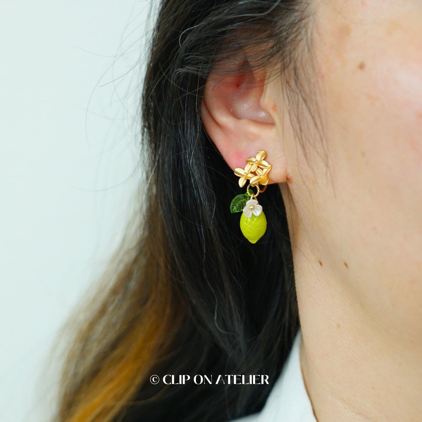 Clip On Earrings Lemon, Gold Flower Boho Fairy Cute Fruit Ear Clips, Non Pierced Ears No Piercing, Jewelry Gift For Her Daughter Christmas
