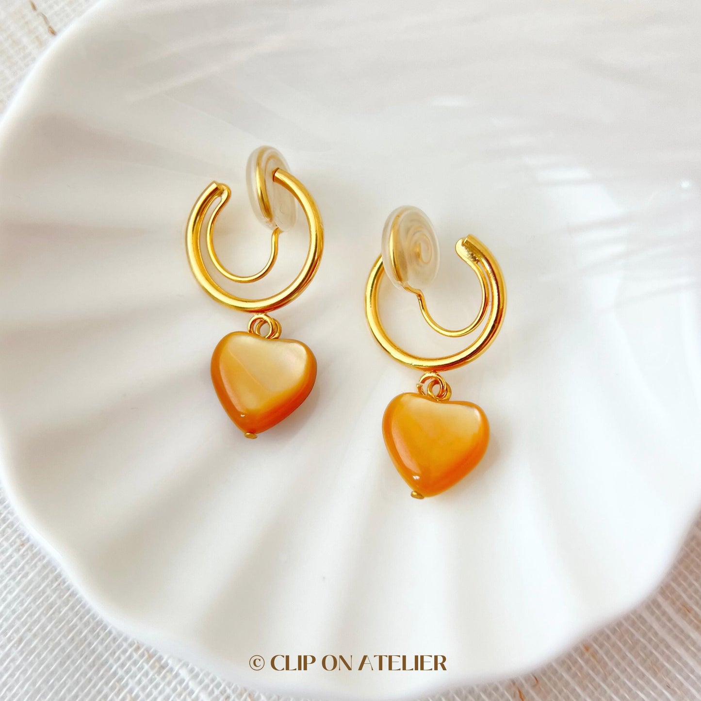 Minimalist Gold Clip On Earrings: Mother of Pearl Heart, Dainty Huggies, Non Pierced Ears