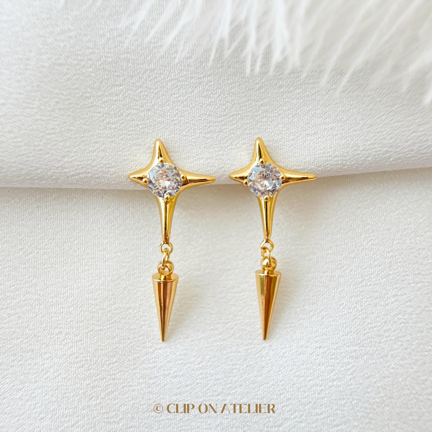 Clip On Earrings Gold Star Minimalist Silver Spike Diamond Dainty Ear Clips, Pain Free Non Pierced Ears, Starry Jewelry Gift Christmas Wife