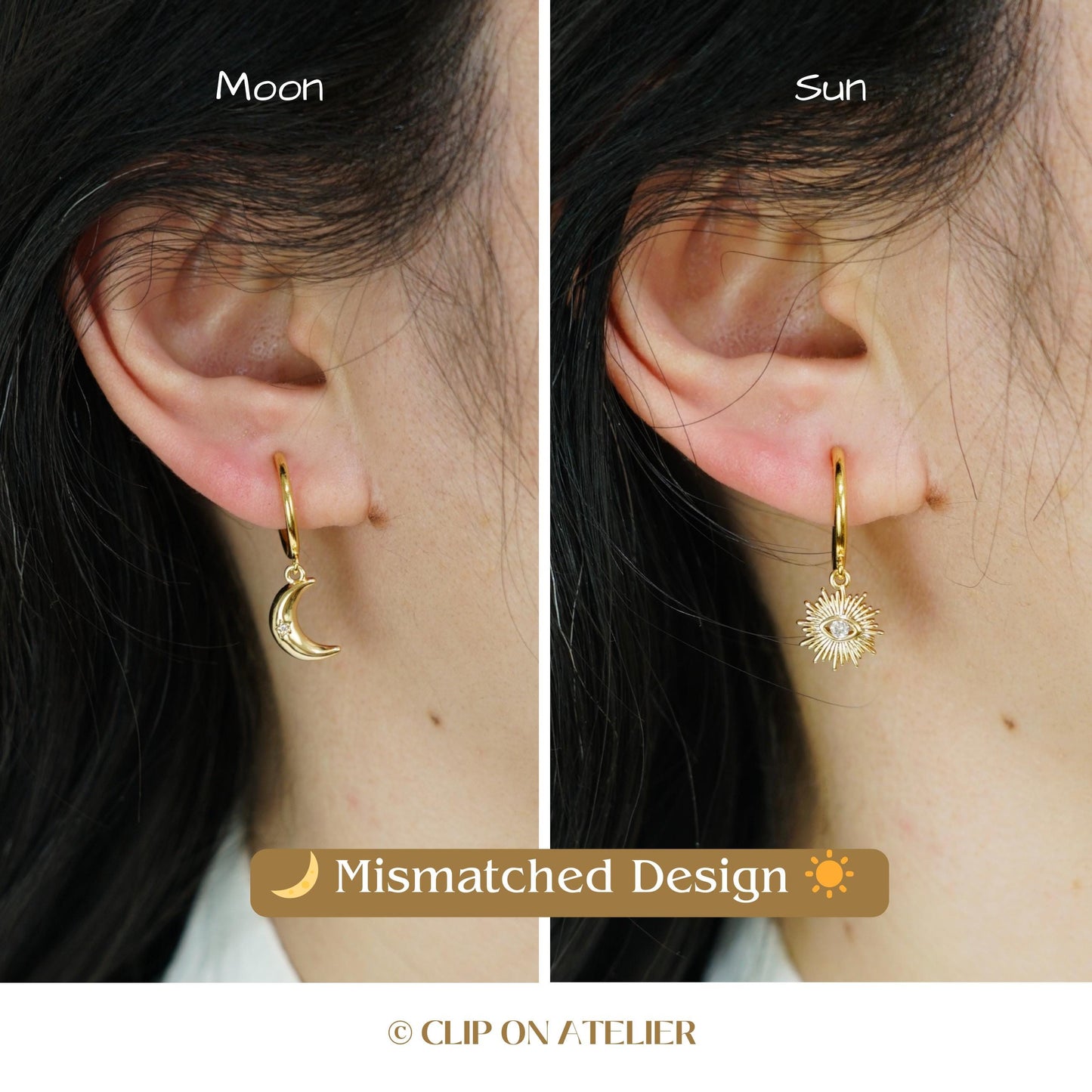 Mismatched Sun & Moon Clip On Earrings: Gold Minimalist CZ Huggies