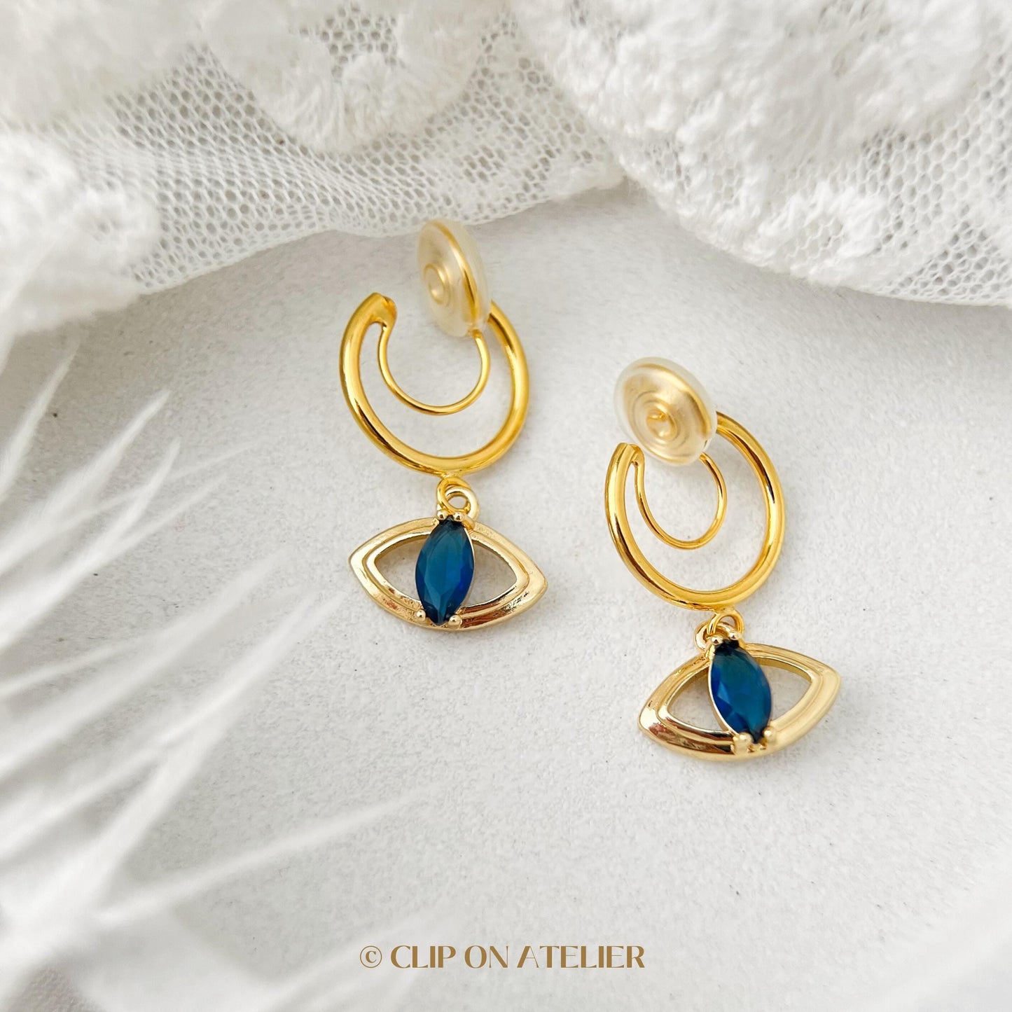 Clip On Earrings Evil Eye Minimalist Gold Hoop Halloween Sapphire Blue Diamond, Boho Dainty Dangle Huggies, Non Pierced Ears No Piercing