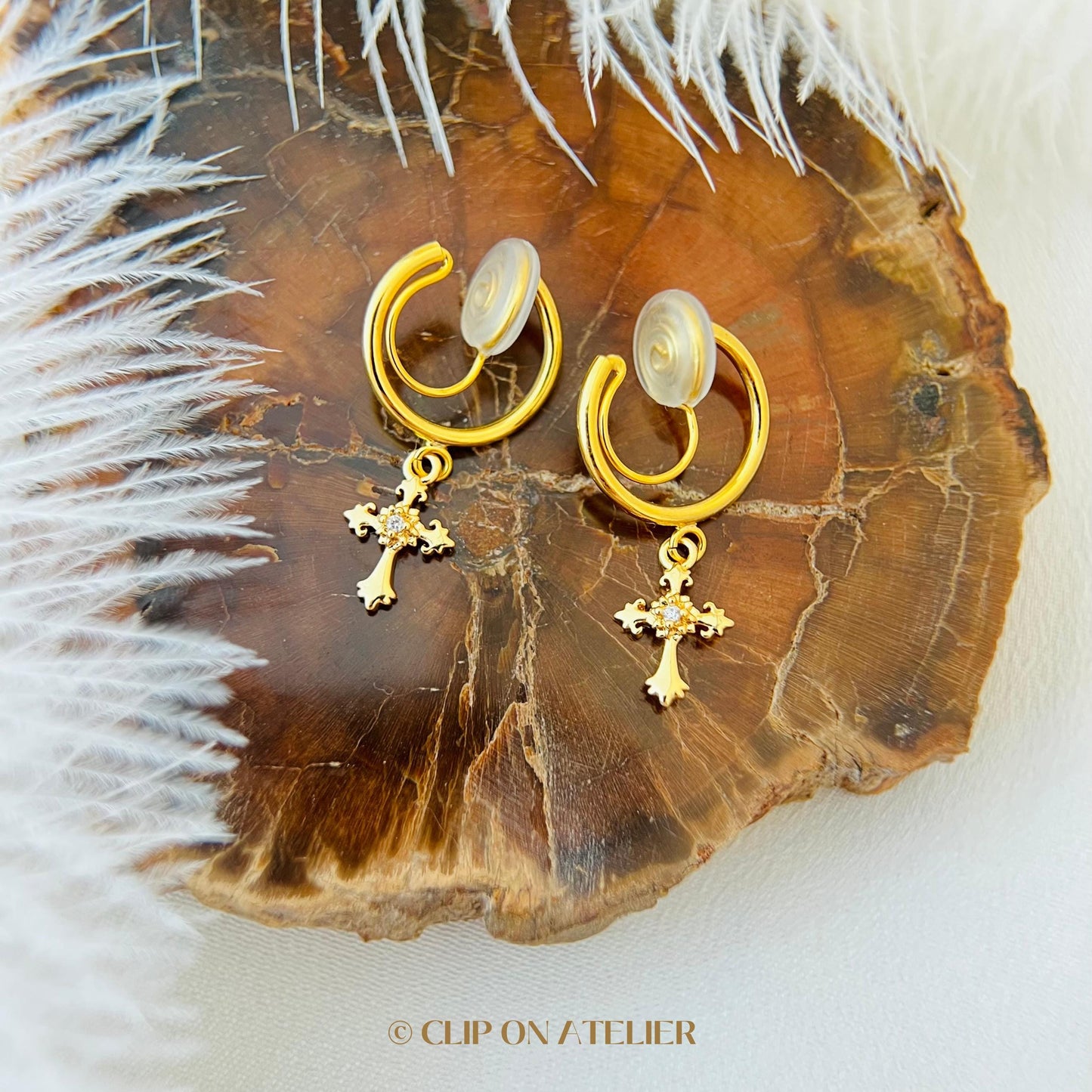 Gold Cross Clip-On Hoop Earrings: Dainty CZ Diamond Dangle, Non-Pierced