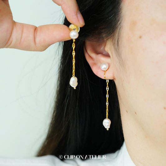 Natural Pearl Clip On Earrings, Ear Jacket Style