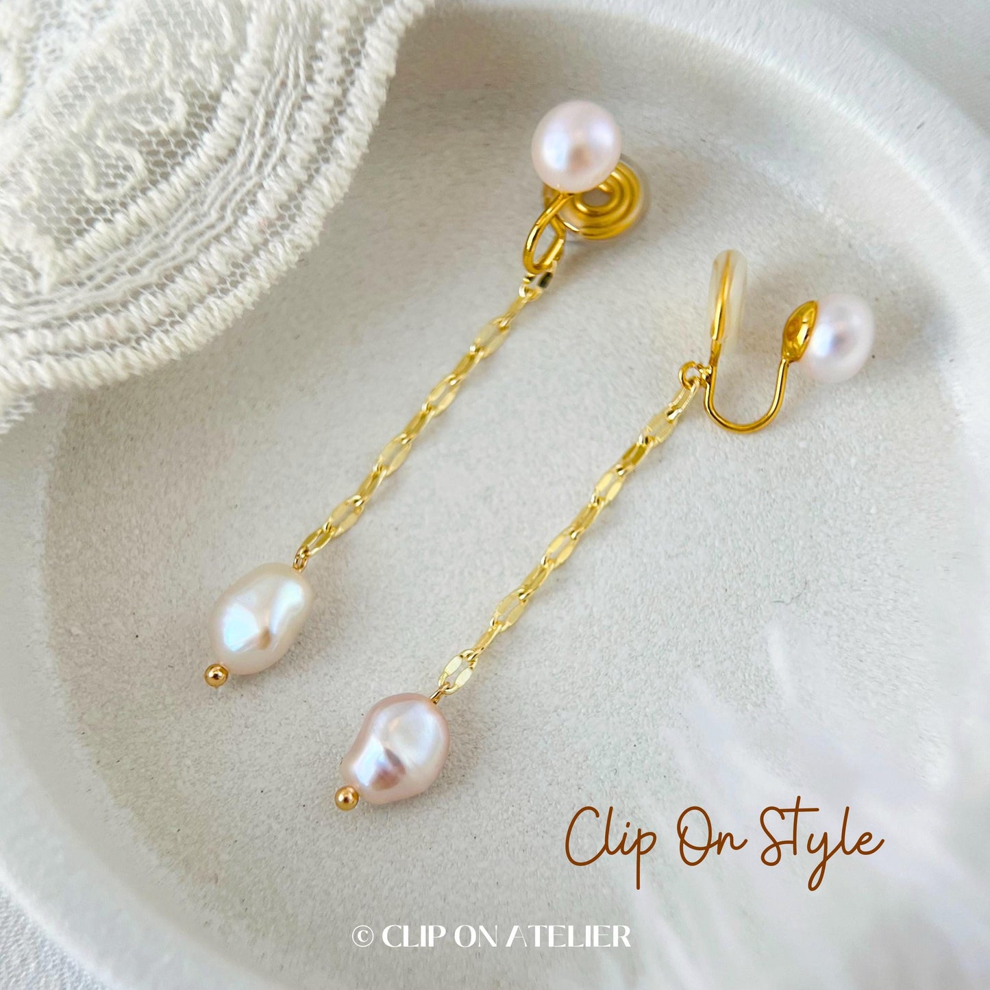 Natural Pearl Clip On Earrings, Ear Jacket Style