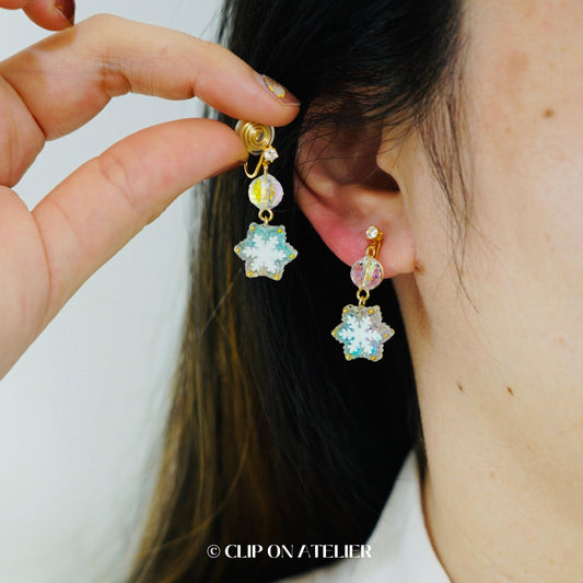 Iridescent Snowflake Winter Clip On Earrings