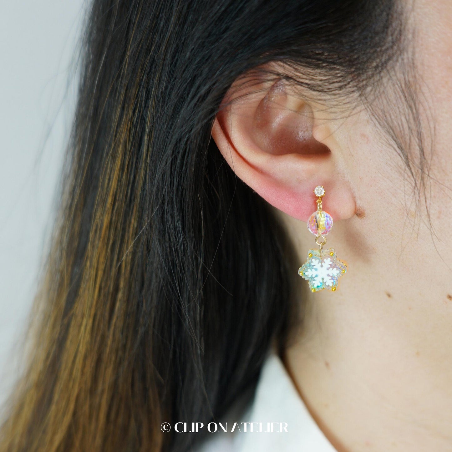 Iridescent Snowflake Winter Clip On Earrings