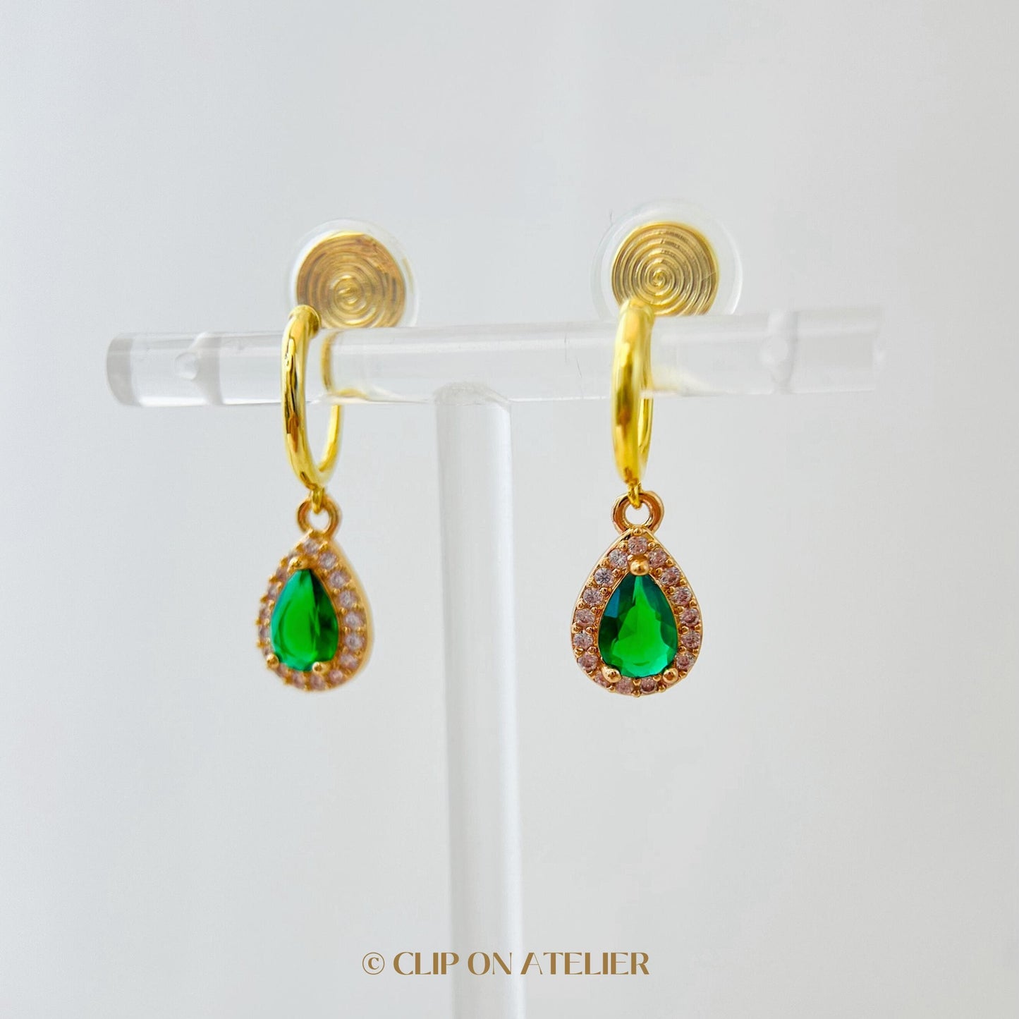 Clip On Earrings Minimalist Gold Hoop Emerald Green Teardrop Huggies, Boho Ear Clips Non Pierced Ears No Piercing, Dainty Jewelry Gift Prom