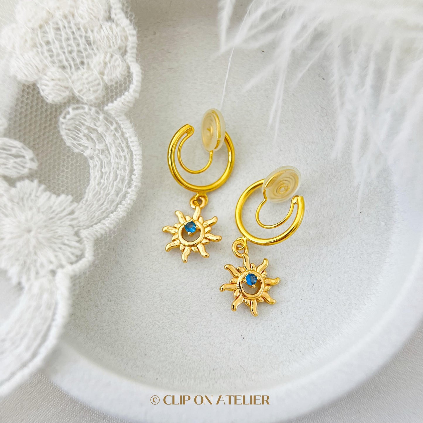 Sunburst Clip On Earrings Minimalist Gold Hoop