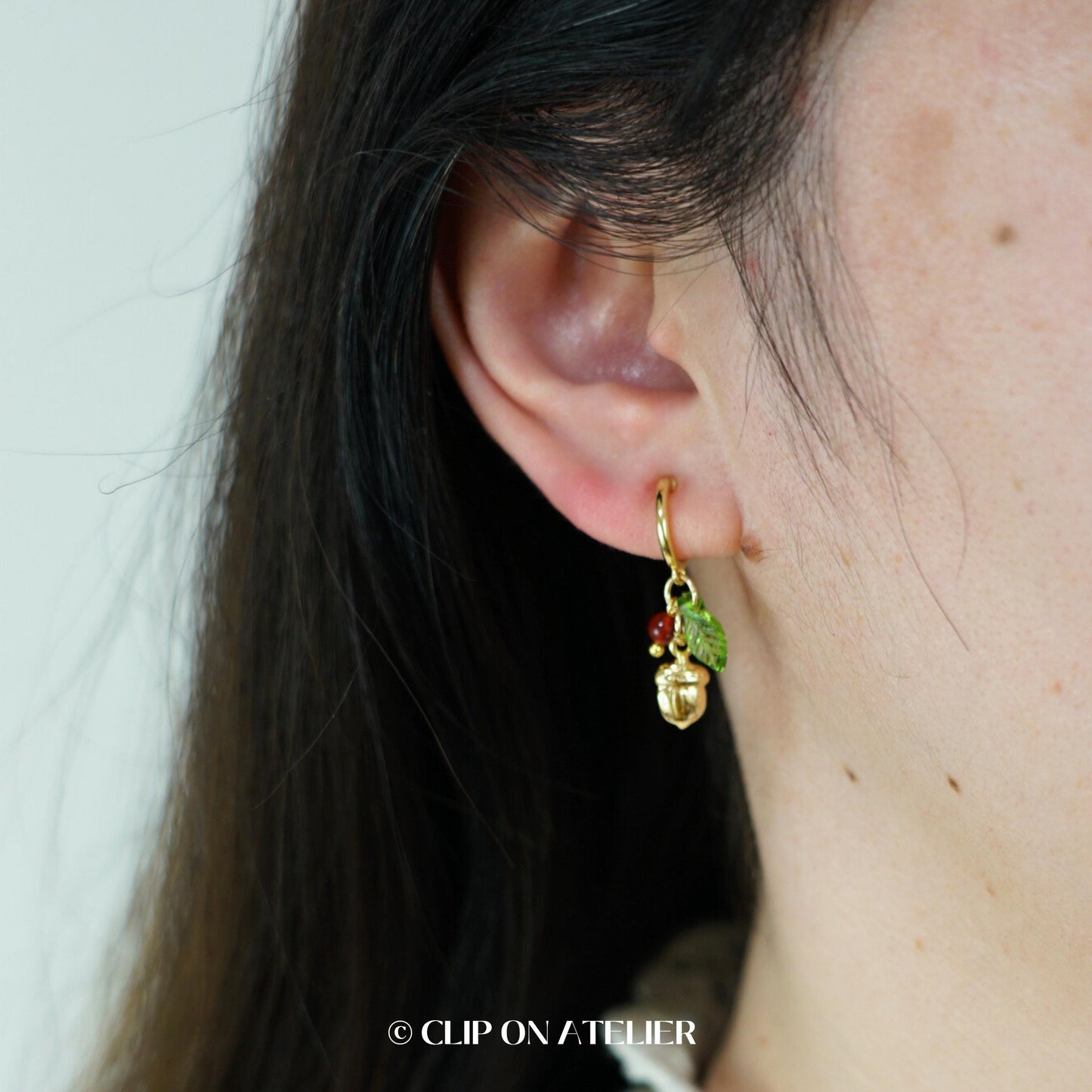 Acorn Clip On Earrings Gold Hoop Christmas