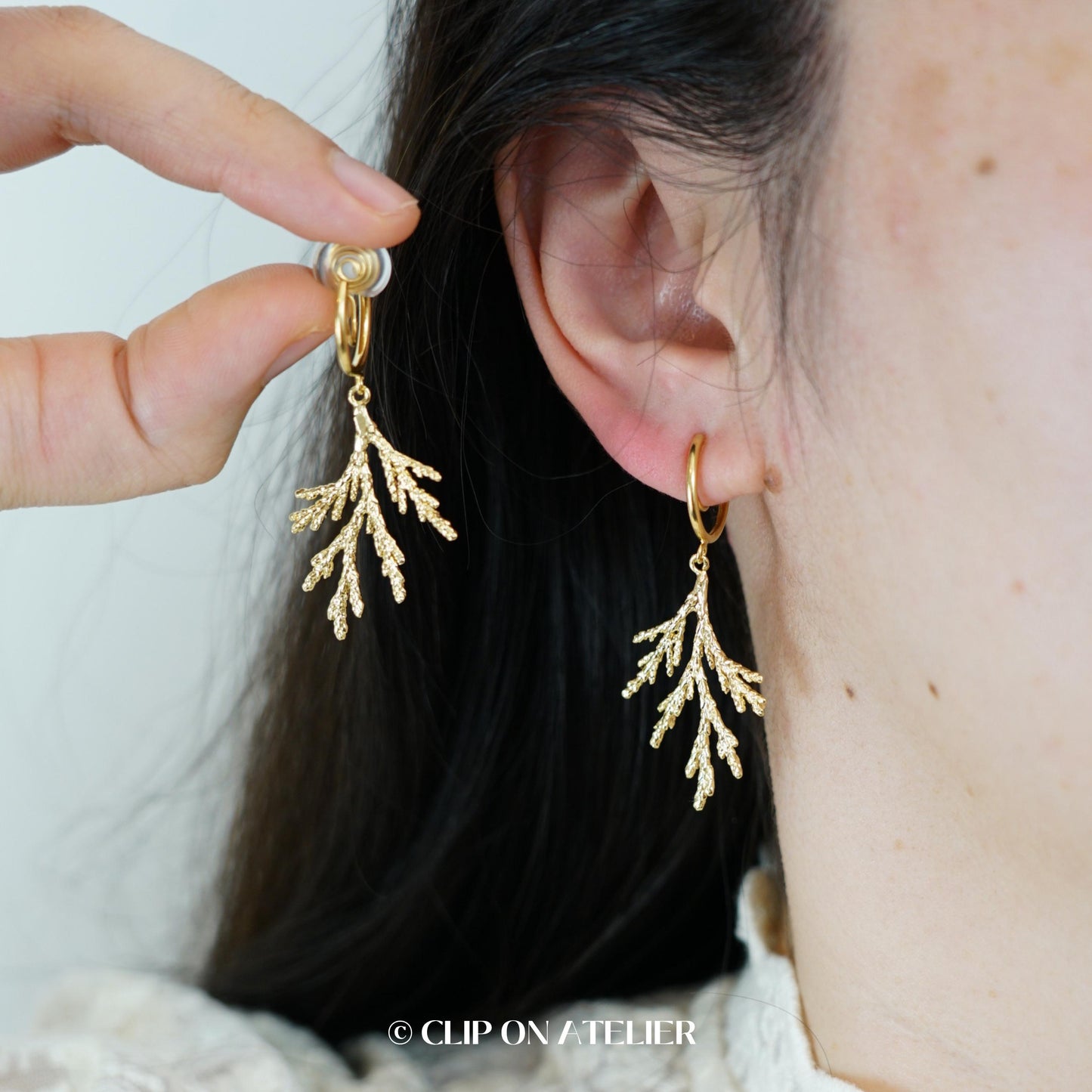 Pine Branch Clip On Earrings Gold Ceder Minimalist Boho Leaf Dainty Drop Dangle Ear Clips, Non Pierced Ears No Piercings, Christmas Gift