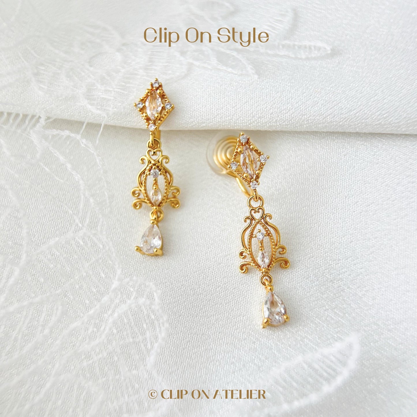 Art Deco Clip On Earrings Diamond Minimalist Vintage Inspired