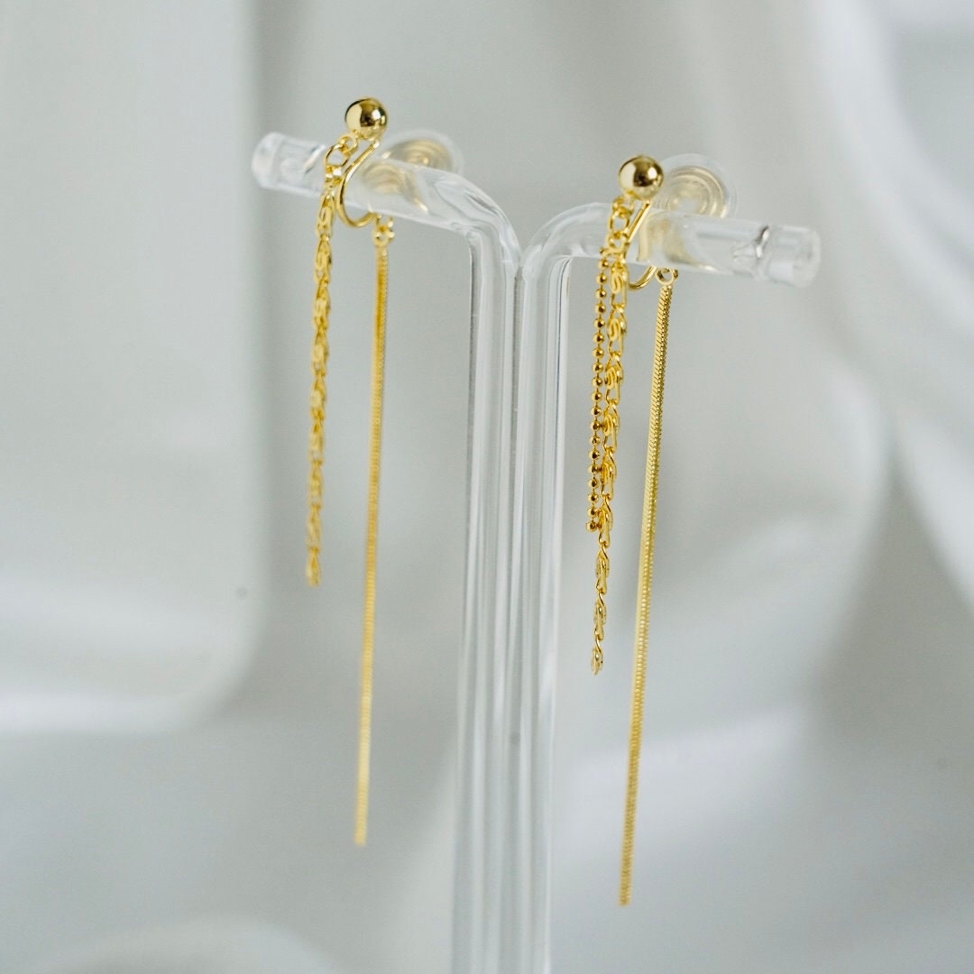 Clip On Earrings Minimalist Gold Long Tassel Chain Threader