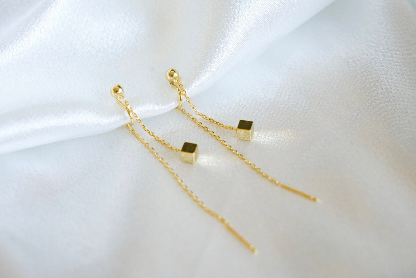 Clip On Earrings Minimalist Gold Long Threader Chain & Cube