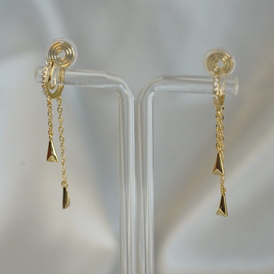 Clip On Earrings Minimalist Gold Hoop Long Chain & CZ Diamond