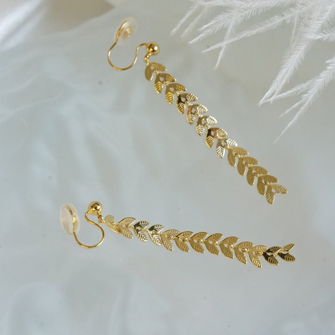 Clip On Earrings Minimalist Boho Long Leaf Chain