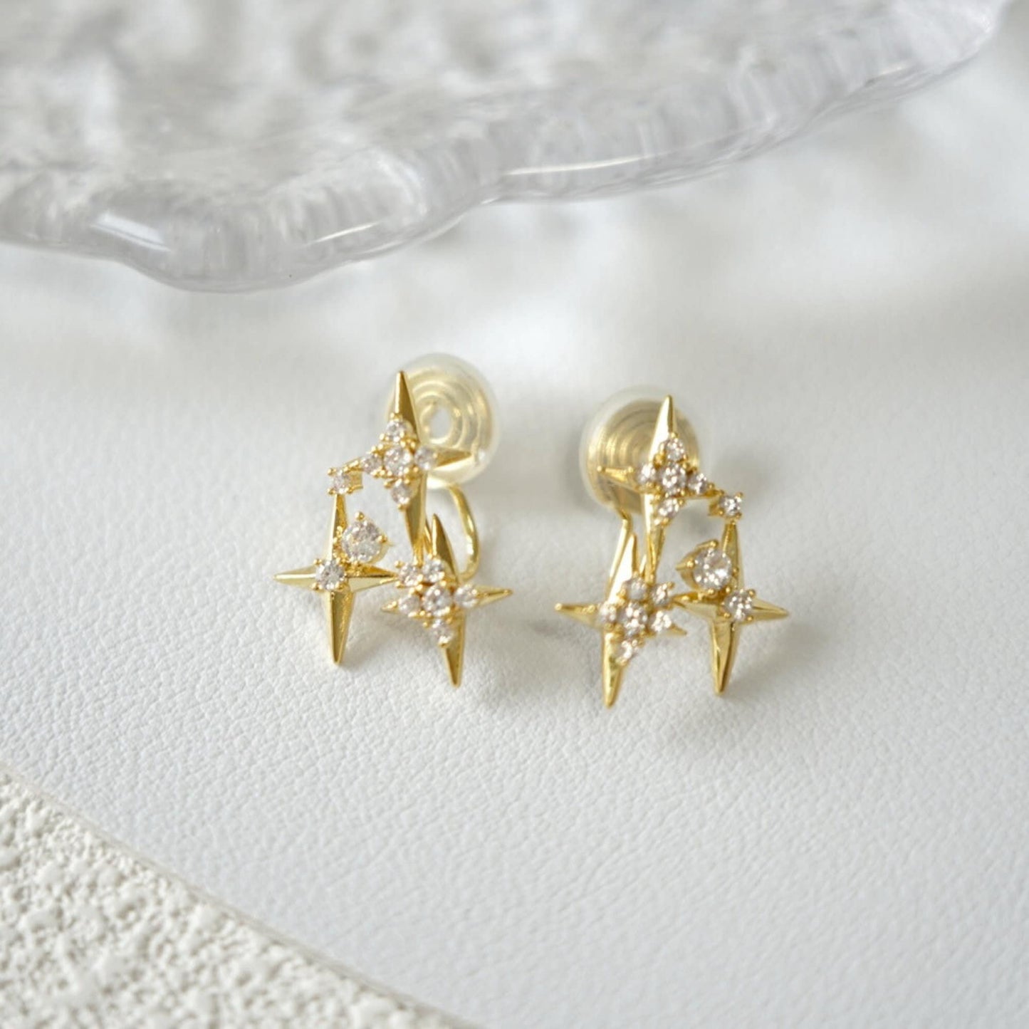 Gold Diamond Stars Dainty Clip On Earrings
