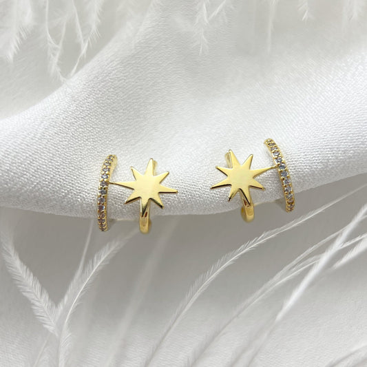 Minimalist Double Hoop Star CZ Diamond Clip On Earrings