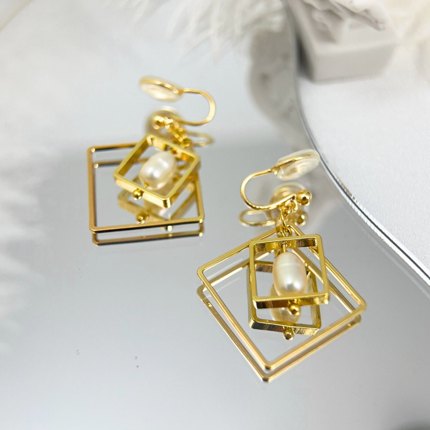 Clip On Earrings Dangle Gold Freshwater Pearl Minimalist Ear Clips