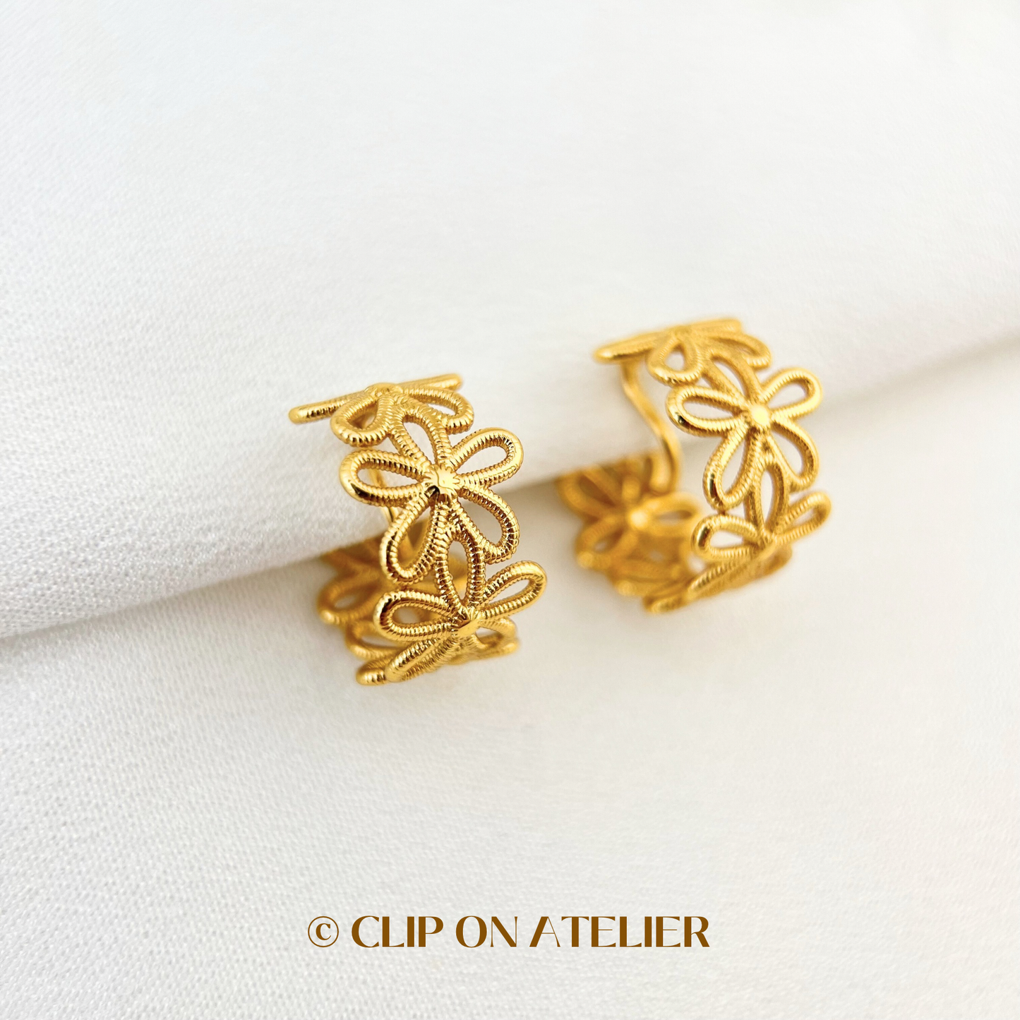 Unique Flower Gold Hoop Clip On Earrings