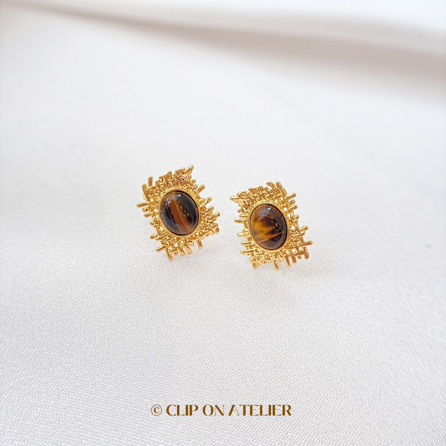 Statement Tiger’s Eye Modern Clip On Earrings