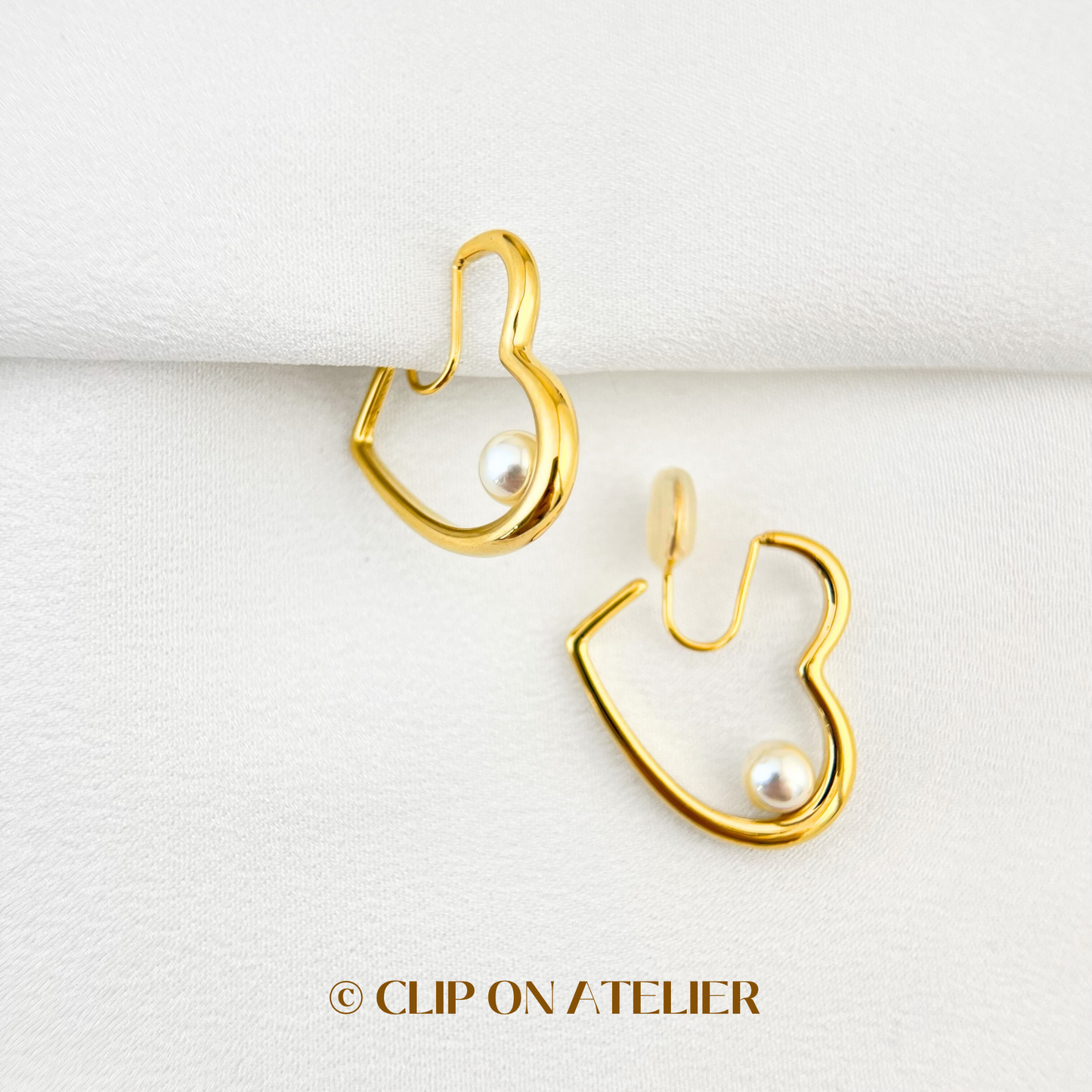 Modern Heart Hoop Crystal Pearl Clip On Earrings