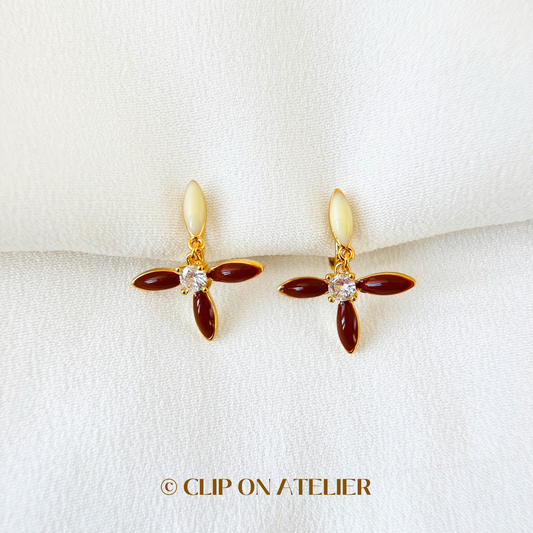 Brown Clover Flower Enamel Lucky Hoop Drop Clip On Earrings