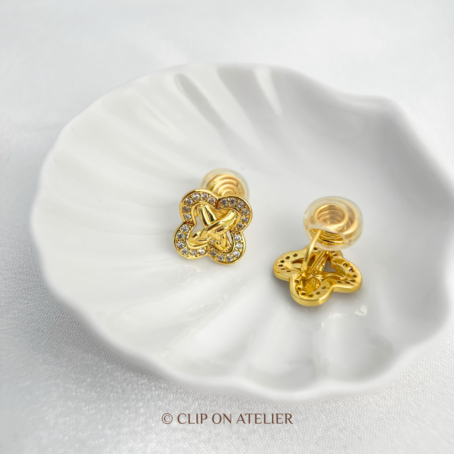 Dainty Gold Diamond Clover Clip On Earrings