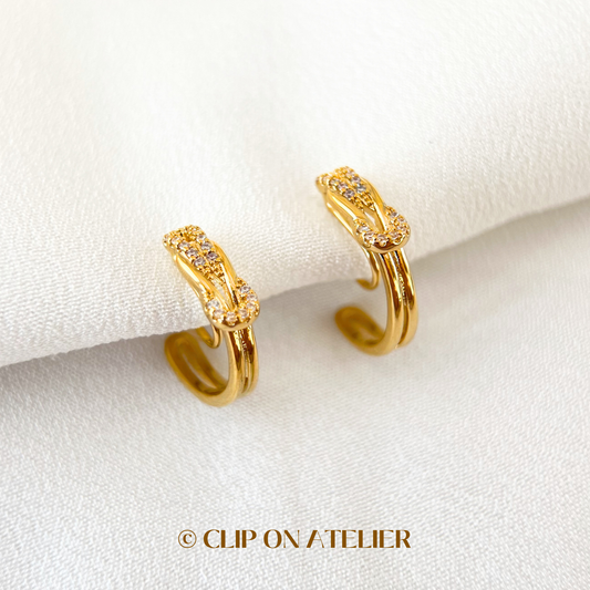 French Chic Belt Detail CZ Diamond Hoop Clip On Earrings by