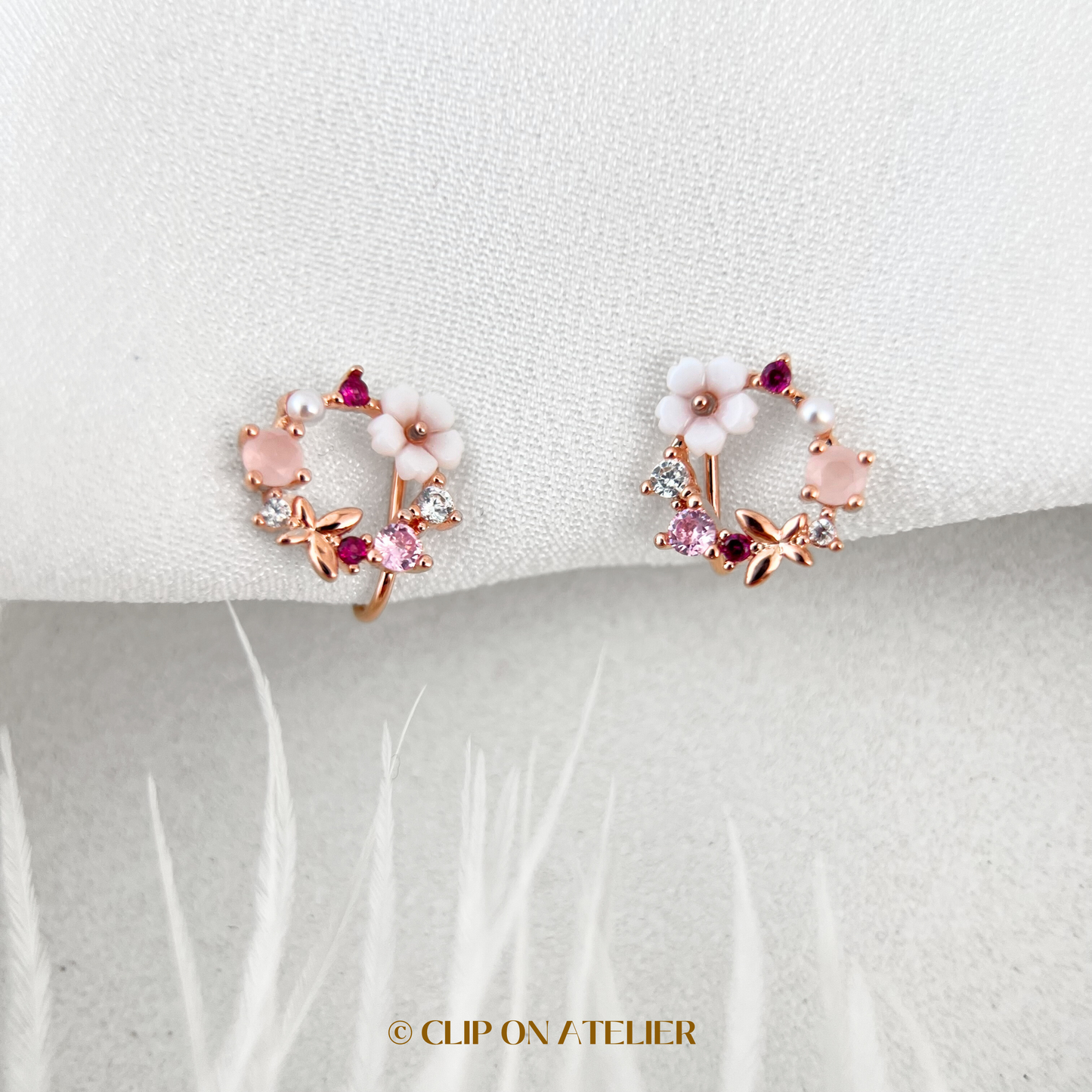 Pink Cherry Blossom Rose Gold Clip On Earrings