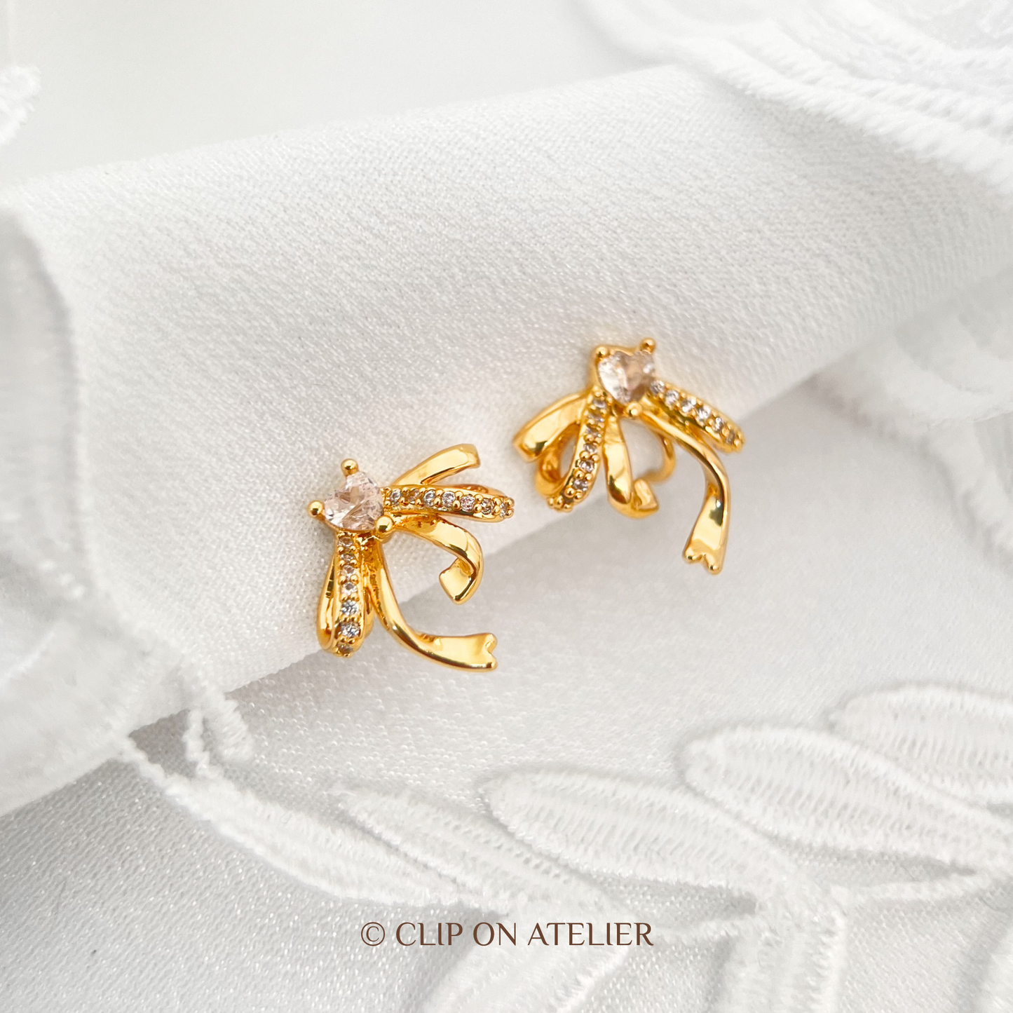 Crystal Heart Bow Clip-On Earrings