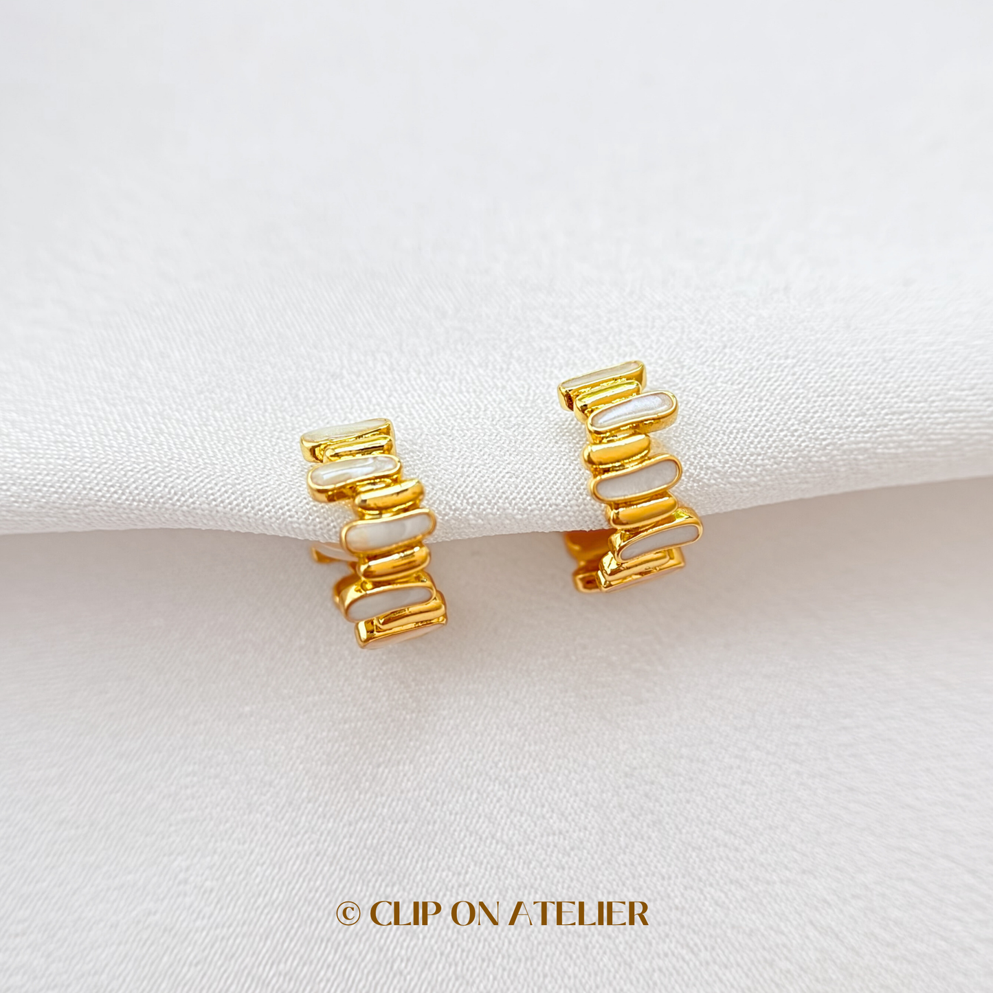 Artistic White Enamel Gold Hoop Clip On Earrings