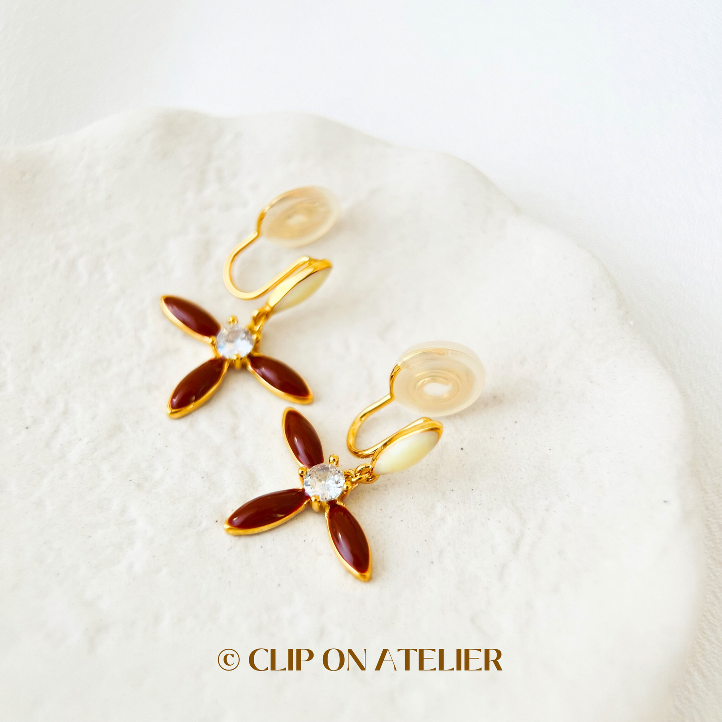 Brown Clover Flower Enamel Lucky Hoop Drop Clip On Earrings