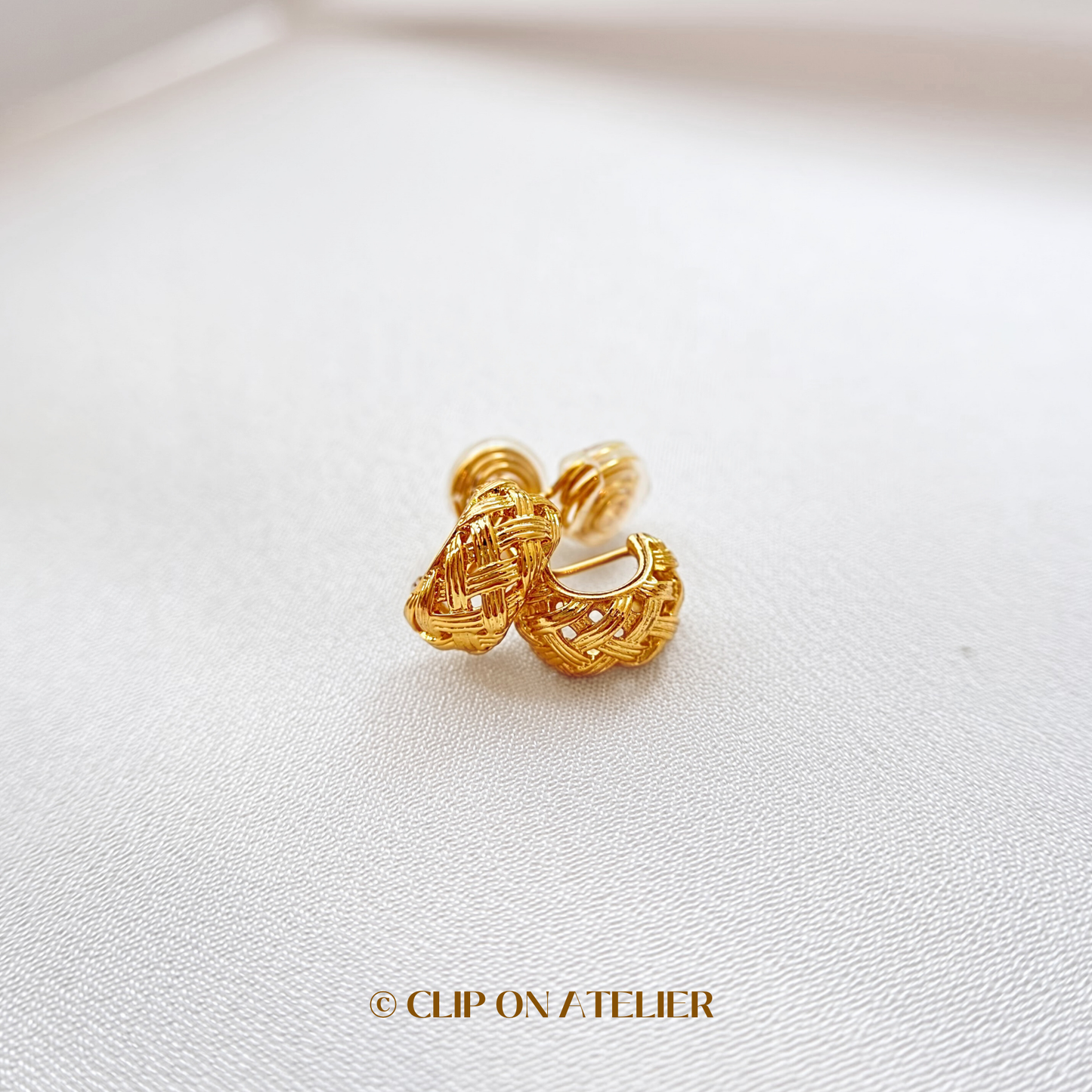 Woven Gold C-Shaped Hoop Clip On Earrings